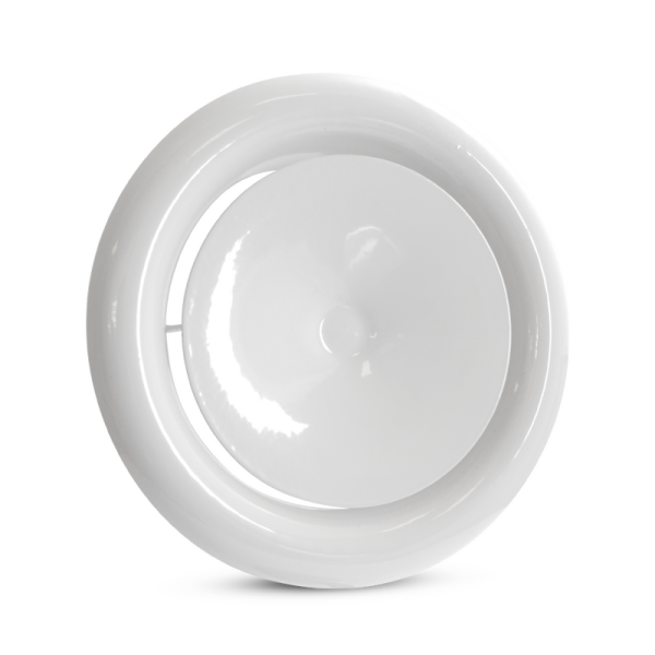 Tellerventil Zuluft mit Einbaurahmen – stufenlos einstellbar, pulverbeschichtet, Ø 200 RAL 9016 (Verkehrsweiß)