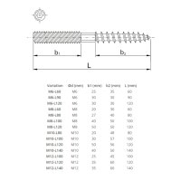 Stiftschraube – Holzgewinde / metrisches Gewinde, verzinkter Stahl, M6–M12, 100 Stück M8/100
