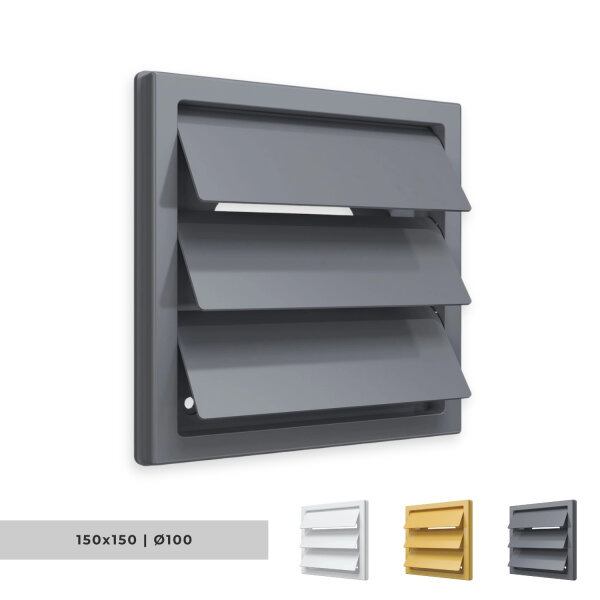 Lüftungsgitter 150x150 mm mit Schwerkraftlamellen für Ø 100 mm aus ASA-Kunststoff in Weiß, Grau oder Beige