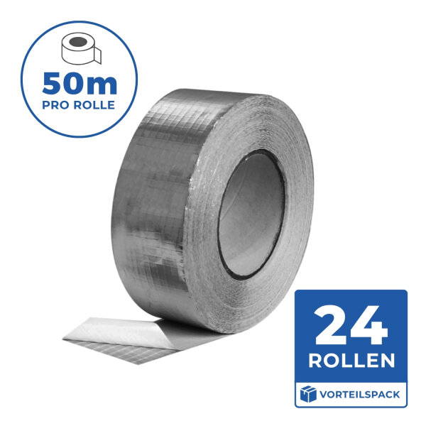 Verstärktes Aluminium-Klebeband 24 Rollen je 50 m, 50 mm – Alu-Dichtungsband für Mineralwolle-Dämmung mit Gewebe
